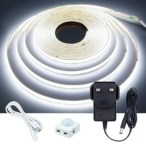 GOMING Motion Sensor COB LED Light Strip 16.4ft(5M) Cool White 6000K CRI 93+ 3 Lighting Modes 3 Timing Off Modes 3 Brightness Modes with Power Adapter for Kitchen Cabinets Stair Showcase Bedroom Bed