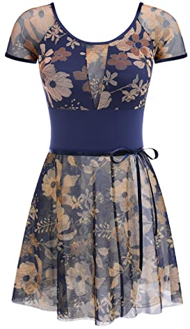 FYMNSI Damen Ballettanzug Ballettbody Tanz Body mit Ballettrock Wickelrock Gymnastikanzug Trikot Kurzarm Bodysuit Blumenmuster Mesh Turnanzug Gepolstert R?ckenfrei Leotard Ballettkleid Dunkelblau S