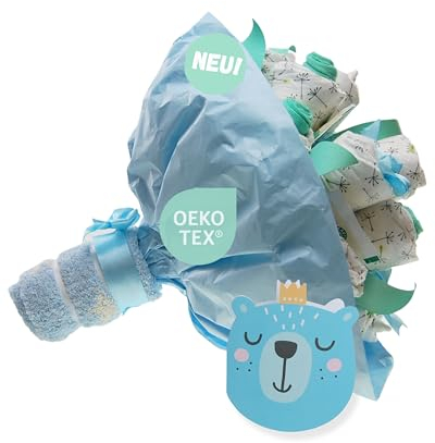 Windeltorte ® Strauß Bukett [BLUMENSTRAUSS] - Geschenk zur Geburt - Babyparty - Pullerparty - Windeln - Baby Geschenk - Torte kaufen (Junge/Bub/Blau)