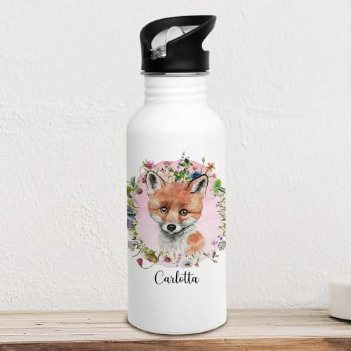 Trinkflasche Edelstahl Trinkbecher Tiere Blumenkranz Fuchs Reh Hase Eule Bär & Name Silikonmundstück Strohhalm trk20 trk21 trk22 trk23 trk24 trk25 - ausgewählte Größe: *Trinkflasche mit 600ml*