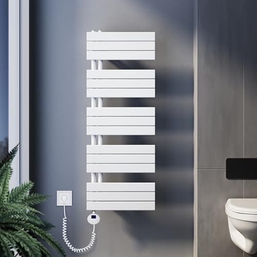 SUNXURY Scaldasalviette elettrico con termostato, 1314 x 500 mm, 800 Watt, bianco, portasciugamani elettrico, piatto, scaldasalviette con barra riscaldante