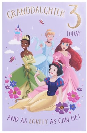 UK Greetings Disney Princess Geburtstagskarte zum 3. Geburtstag für Enkelin, Happy Birthday Geschenke, Mädchen, Frauen, Schneewittchen, Tiana, Arielle und Aschenputtel, mit Umschlag, 155 x 235 mm