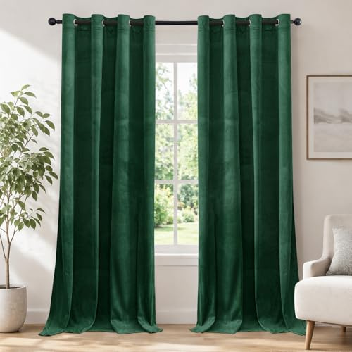 Ystyle Samt Vorhang Blickdicht 2er Set, H245 x B140 cm, Dunkelgrün | Wasserabweisend Gardinen Wohnzimmer Modern, Thermovorhang Hitzeschutz Kälteschutz, Verdunklungsvorhänge per Soggiorno