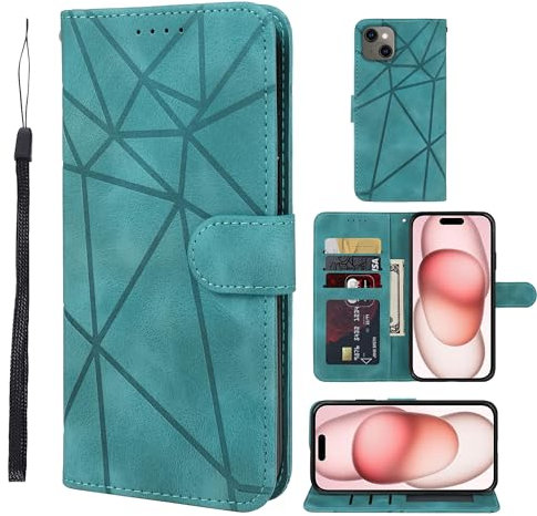 BRAND SET Flip Cover per Apple iPhone 15,Custodia Pelle PU Magnetica Libro [Funzione Stand] [Slot Cart] [Cinghia da polso] Custodia Per Apple iPhone 15-Verde