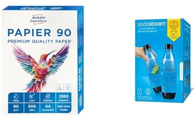 AVERY Zweckform 2563 Drucker-/Kopierpapier & SodaStream DuoPack Fuse, spülmaschinengeeignete Ersatzflaschen für SodaStream Wassersprudler mit Einklick-Mechanismus, 2x 1 L PET-Flasche, schwarz
