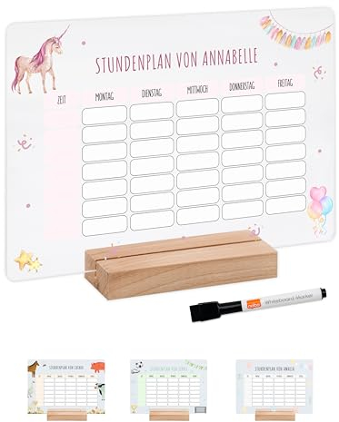 Bärenfreunde® - Personalisierbarer & Abwaschbarer Stundenplan aus Acryl + Stift, Holzhalter - Einschulung Geschenk, Schultüte zum Schulanfang oder Grundschule (Einhorn,mit Holzhalter)