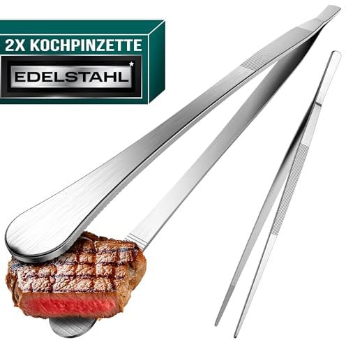 4happy Juego de 2 Pinzas de Cocina de Acero Inoxidable – Diseño con Extremos Redondeados y Puntiagudos, 30 cm de Largo, Perfecto para Asar y Decorar