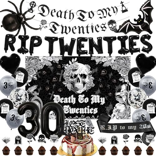 Rip 20er Jahre Geburtstag Dekorationen Luftballons – 43 Stück Death To My 20s Party Supplies einschließlich Banner Totenkopf Hintergrund Nummer 30 Folienballon Kuchen Cupcake Topper für My Youth Funny