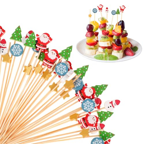 OOTSR 100 Cocktailspieße zum Thema Weihnachten, Bunte Fingerfood Cocktail-Picker, 13cm Bambus-Zahnstocher Partyzubehör Deko, Partyspieße für Vorspeisen Obstspieße Sandwich Cupcakes