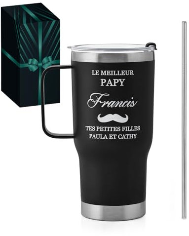Maverton Mug Isotherme Cafe 600 ml - Mug Personnalisable Noir en Acier Inoxydable avec Paille et Boîte Souvenir - Cadeau Original pour Papy - Cadeau grand pere papy