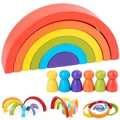 Tokaneit 12 Stück Holz Regenbogen Stapel Set, Regenbogen-Stapelspielzeug aus Holz, Regenbogen aus Holz, Regenbogen Holz Spielzeug Bausteine, Regenbogen Stapelspielzeug, Motorikspielzeug, Geschenk