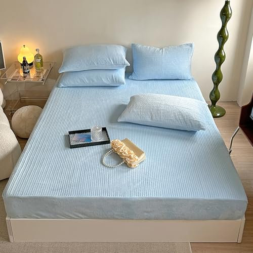 Superweiches Fleece-Flanell-Spannbetttuch, kuschelig warm und extra tief, 150 x 200 cm, Blau