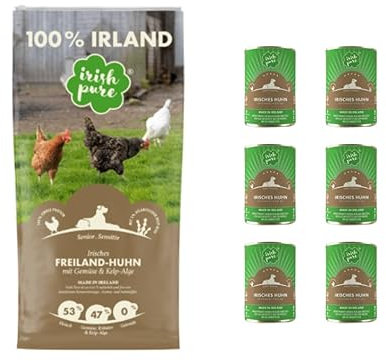 Irish Pure Freiland-Huhn Senior – 12kg + 6x390g - getreidefreies Trockenfutter & Nassfutter für ältere Hunde – mit Kelp-Alge – 100 % natürlich & artgerecht - optimal ausgewogene Ernährung - Sparpaket