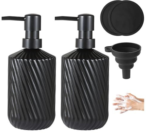 Juego de 2 dispensadores de jabón negros con bandejas de silicona y embudo, botellas dispensadoras de jabón de cocina de vidrio de 450 ml, bomba inoxidable para encimera de baño y fregadero