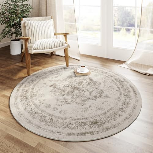 HUGEAR Vintage Waschbarer Teppich Rund 150cm Runder Wohnzimmer Schlafzimmer Beige Rutschfester Tepich Kurzflor Schlafzimmer Carpet Living Room Bedroom Esszimmer Teppiche Büro