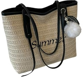 BDBDFYF Strohtaschen Damen Shopper Wobbenbeutel Frauen -Einkaufstasche Großkapazitäts Umhängetasche Strohbeutel-schwarz