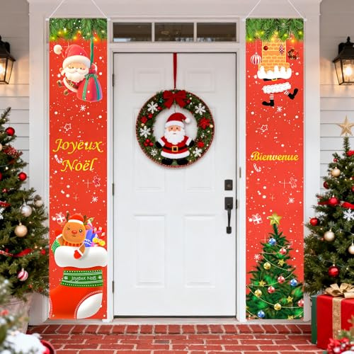 Seutgjie Joyeux Noël Bannière Ensemble de Porte de Noël 180 * 30cm(paire) Décoration Intérieure et Extérieure de Célébration en Français