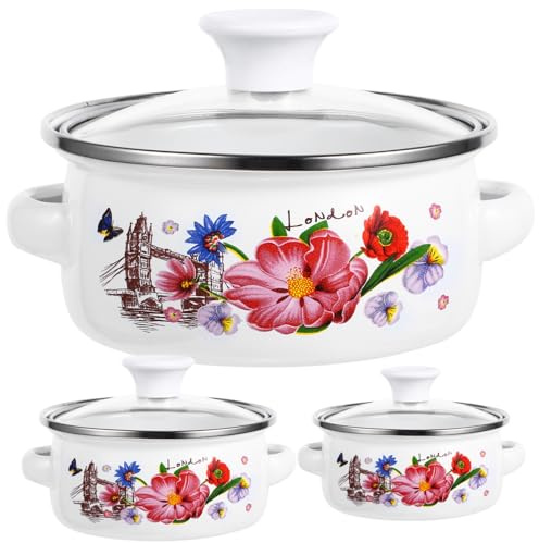 LOORGVEL 3 Pezzi Pentole Smaltate Mini con Piatto Pentola per Zuppe e Stufati da Cucina Impilabile con Maniglia Adatte per Induzione ed Elettrici per Latte Zuppe e Cottura Veloce