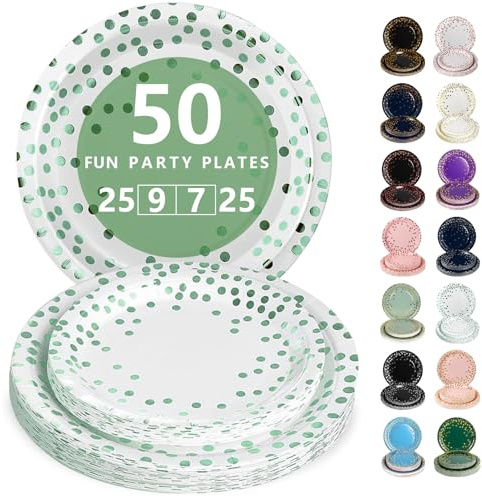 Nkaiso 50 Pcs White and Green Disposable Party Paper Plates Set | Party Supplies- 25x9inch & 25x25inch Plate Elegant Disposable Tableware for Birthday, Wedding, Shower