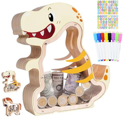 YOUYIKE Spardose für Kinder, Lustig Spardose mit DIY Namen Aufkleber 8 Buntstifte Groß Piggy Bank Personalisiert Holz Transparent Münzen Sparschwein (Dinosaurier)