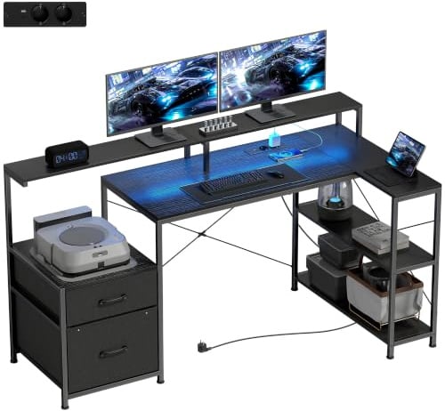 HOMCOM Scrivania Gaming ad L con Multipresa, Luci LED, 165x80 cm, Nero