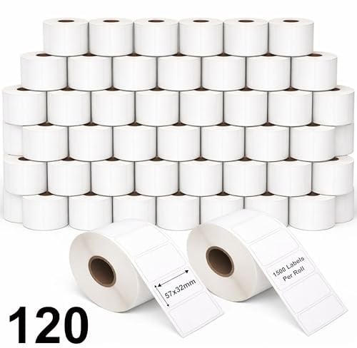 DOREE 120 Rollen Thermoetiketten 57×32mm,1500 Stück/Rolle,Zebra-kompatibel | Thermoetiketten 57×32 mm, Druck Schwarz auf Weiß, passend für Zebra GK420D, GX420D, GK420T, Kerndurchmesser 25 mm