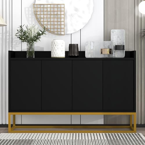 QXJVA Sideboard Schwarz 120cm Kommode 4 Türen Grifflos Push-to-Open Anrichte Schmal 30cm Tiefe Flurmöbel Erhöhte Kante Metallgestell Industrial Design Wohnzimmer