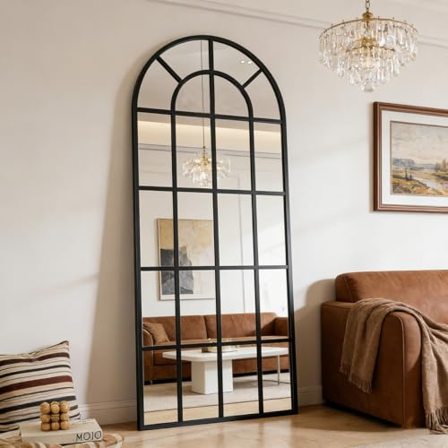 M&Catree Espejo de Cuerpo Entero Arqueado Espejos de Pared Grande Decoración para Recibidor Tipo Ventana con Marco - Negro, 175x63cm | 69 L x 25 W