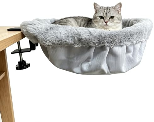 WiliThghe Cat Desk Bed, One-Click Foldable Semicircular Cat Hammock for Desk, Soft Faux Fur Cat Window Perch, Space Saving Cat Bed with Removable Washable Cover, Cat Shelf for Desk (L)
