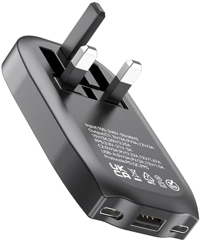 TWICK - Ultra-Slim 65W GaN Fast Charger 2x USB-C & USB-A, Folding UK Plug PPS Quick Charge for MacBook, Laptops, iPhone, iPad, Samsung Galaxy, Pixel, Tablets, For UK Travel Compact Size -BLACK