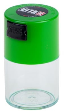 Vitavac Récipient de rangement portable hermétique multi-usage pour produits secs, aliments et herbes aromatiques Bouchon vert et corps transparent 5 g à 20 g