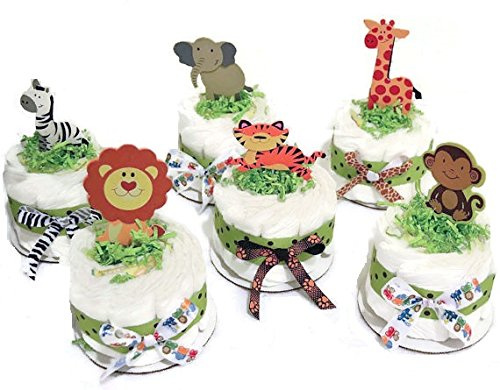 Set of 6 Jungle Safari Diaper Cake Baby Shower Centerpieces - Elephant, Zebra, Tiger, Lion, Monkey and Giraffe