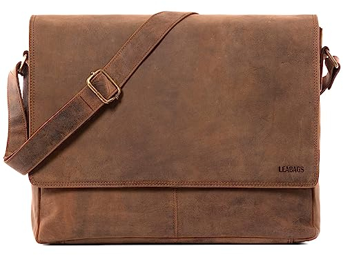 LEABAGS Bolso Bandolera para Hombres y Mujeres | Bolso Mensajero con Correa | Bolsa Cuero Genuino para Portátil 15 | Bolsa de Hombro | Bolsa de Trabajo | Bolsa de Transporte | Fox