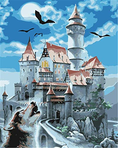 YEESAM ART Neuheiten Malen nach Zahlen Erwachsene Kinder, Geist Schloss, Fledermaus & Wolf 40x50 cm Leinen Segeltuch, DIY ölgemälde Weihnachten Geschenke