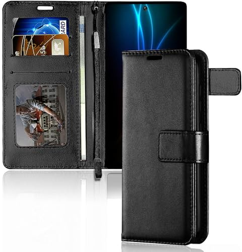 TECHGEAR Galaxy Note 10 Plus Leather Wallet Case, Flip Protective Case with Kickstand, Card Slots, Wrist Strap - Black PU Leather Designed For Samsung Galaxy Note 10+