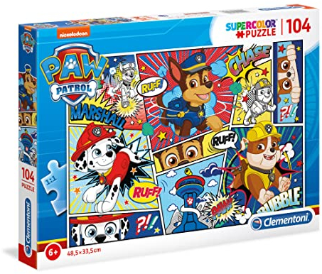 Clementoni 27261 Supercolor Paw Patrol – Puzzle 104 Teile ab 6 Jahren, buntes Kinderpuzzle mit besonderer Leuchtkraft & Farbintensität, Geschicklichkeitsspiel für Kinder