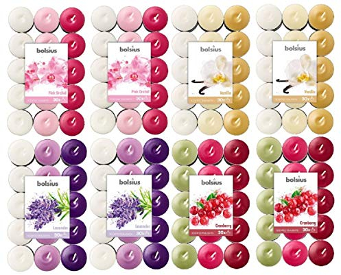 Bolsius Multicolor Tealight Profumate - Set di 240 Unità - Fragranza Orchidea, Vaniglia, Lavanda, Mirtillo - 12 Colori - Candele Decorative - Cera - 8 Pack da 30 pezzi