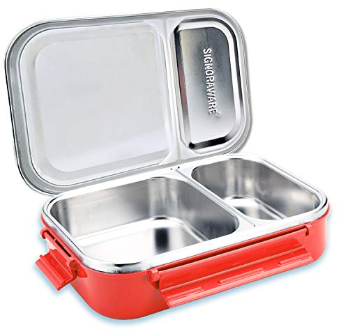 SIGNORA WARE Signoraware Stainless Steel Bento Lunch Box | 20-Ounce Eco Friendly Portion Control Lunchbox Containers | 2-Compartment Metal Food Pail With Cover That Prevents Leaks & Spills (Red)