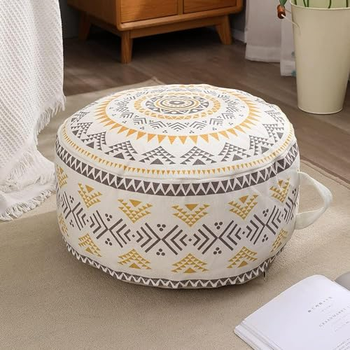 MOCOFO Ungefüllte runde Hockerabdeckungen Boho Bunte geometrische osmanische Hockerabdeckung mit Griffdesign, Dekoration Fußschemel für Wohnzimmer, Schlafzimmer, Terrasse (gelb, 45x45x20cm)