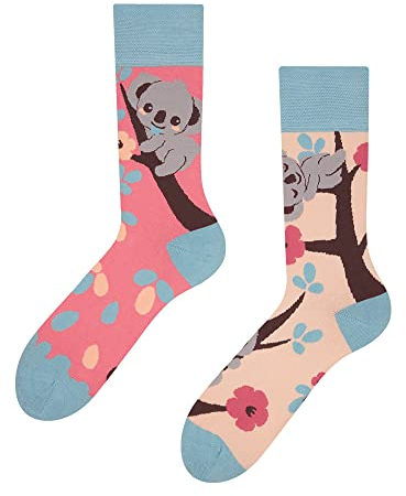 Dedoles Socken Unisex Damen Herren & Kinder Baumwolle viele lustige Designs 1 Paar Geschenk links rechts verschieden, Farbe Rosa, Motiv Schläfriger Koala, Gr. 35-38