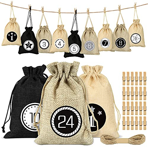 Adventskalender zum Befüllen Säckchen, 24 Weihnachtskalender Stoffbeutel, Adventskalender Säckchen Wiederverwendbar, Weihnachtskalender Jutesäckchen, Adventskalender Stoffsäckchen