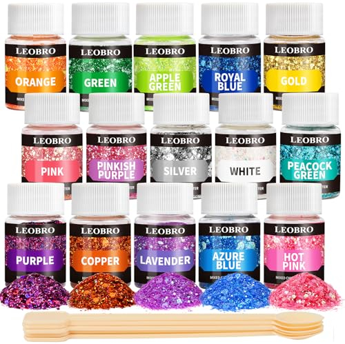 Paillettes holographiques épaisses - 15 couleurs pour loisirs créatifs, résine, avec 5 cuillères à mélanger, LEOBRO - Paillettes cosmétiques pour ongles, corps, yeux, visage, paillettes en résine pour loisirs créatifs, fabrication de bijoux