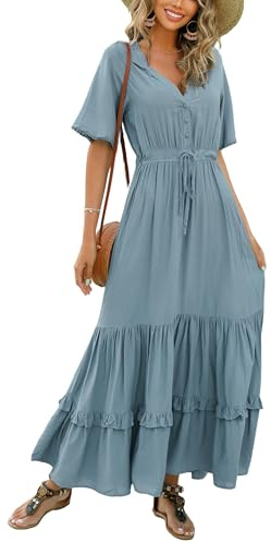 R.Vivimos Femmes D'été Cou en V Bouton à Manches Courtes Robe Bohème Fleur Longue Robe A Ligne Volants Longue Plage Robe(XL,HazeBlue)