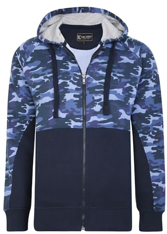 Kam Mens Cut & Sew Camo Panel Zip Through Hoody in Navy Blue, Plus Size KBS 7036 Camouflage Print Hoodie Navy