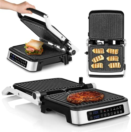 ZEEGMA Grill Chef Elektrischer Kontaktgrill und Sandwichtoaster 2100W, herausnehmbare Heizplatten, 2in1, 180 ° klappbar, ILAG-Antihaftbeschichtung, Tropfschale, akustische Benachrichtigungen (GREY)