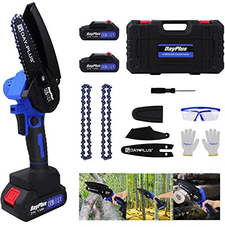 Mini Chainsaw, 4-Inch Cordless Handheld Electric Chainsaw with Security Lock, Portable Small Chain Saw for Cutting Trees & Logs Branch Trimming Wood with 2Pcs Rechargeable Batteries and 2Pcs Chains