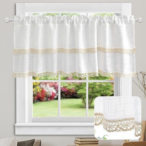 choicehot Kurzgardinen Landhausstil Scheibengardine Leinen Bistrogardine - 45cm Hoch Gardine Doppeltes Spitzenmuster Lichtfilterung für Küche Wohnzimmer H45 x B150cm
