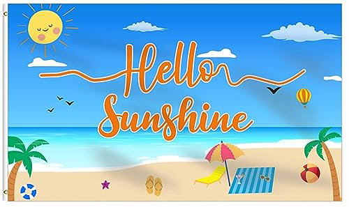 HHERCICIM Hello Sunshine Summer Beach Flagge, 90 x 150 cm, Hello Summer Herbst, Partyzubehör, Hintergrund, Hausflagge für Urlaub, Polyester, Outdoor-Dekoration mit Messingösen