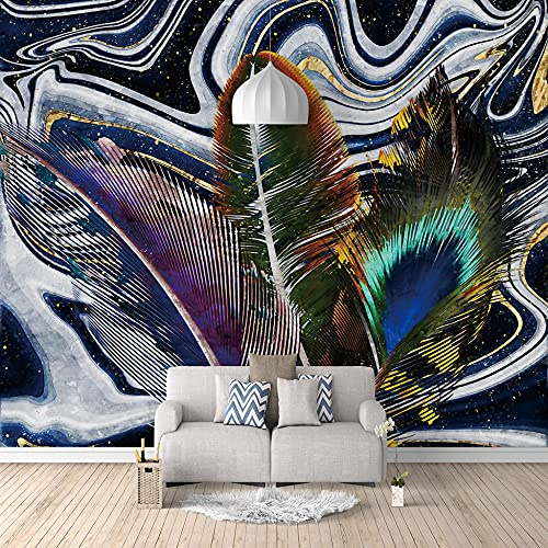 Self Adhesive Wallpaper,Abstract Dark Blue Gray Marbled Peacock Feathers Large Self-Adhesive Wallpaper Peel And Stick Detachable Contact Paper Mural Vinyl Suitable For Decorative Bedroom Living Room