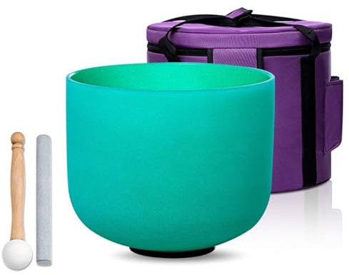 SOUNDELLO Green F Note Heart Chakra 10 inch Quartz Crystal Singing Bowl, for Healing Mindfulness Meditation Yoga Sound Baths, with Case Rubber Mallet